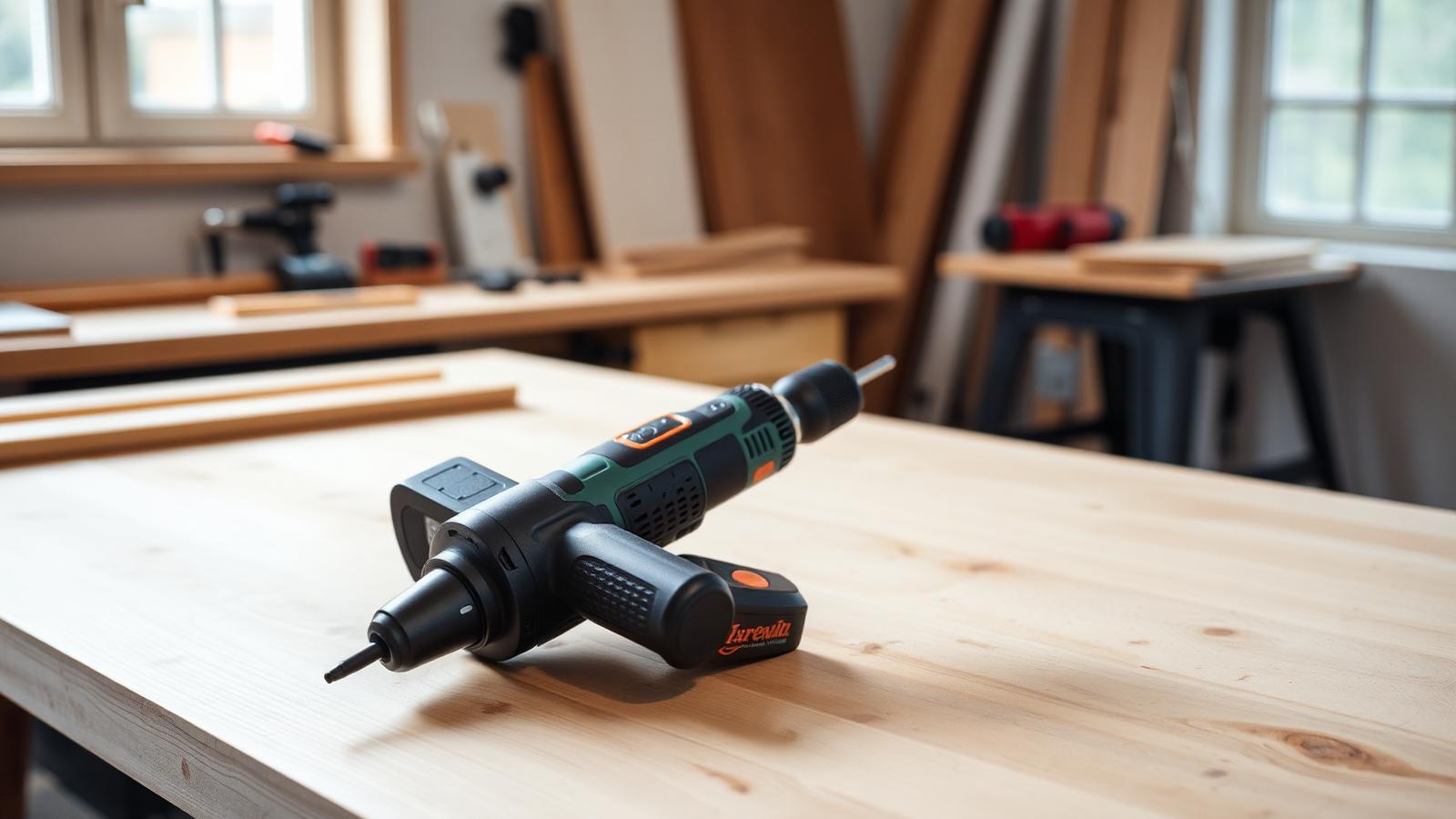 A modern cordless drill resting on a light wooden workbench