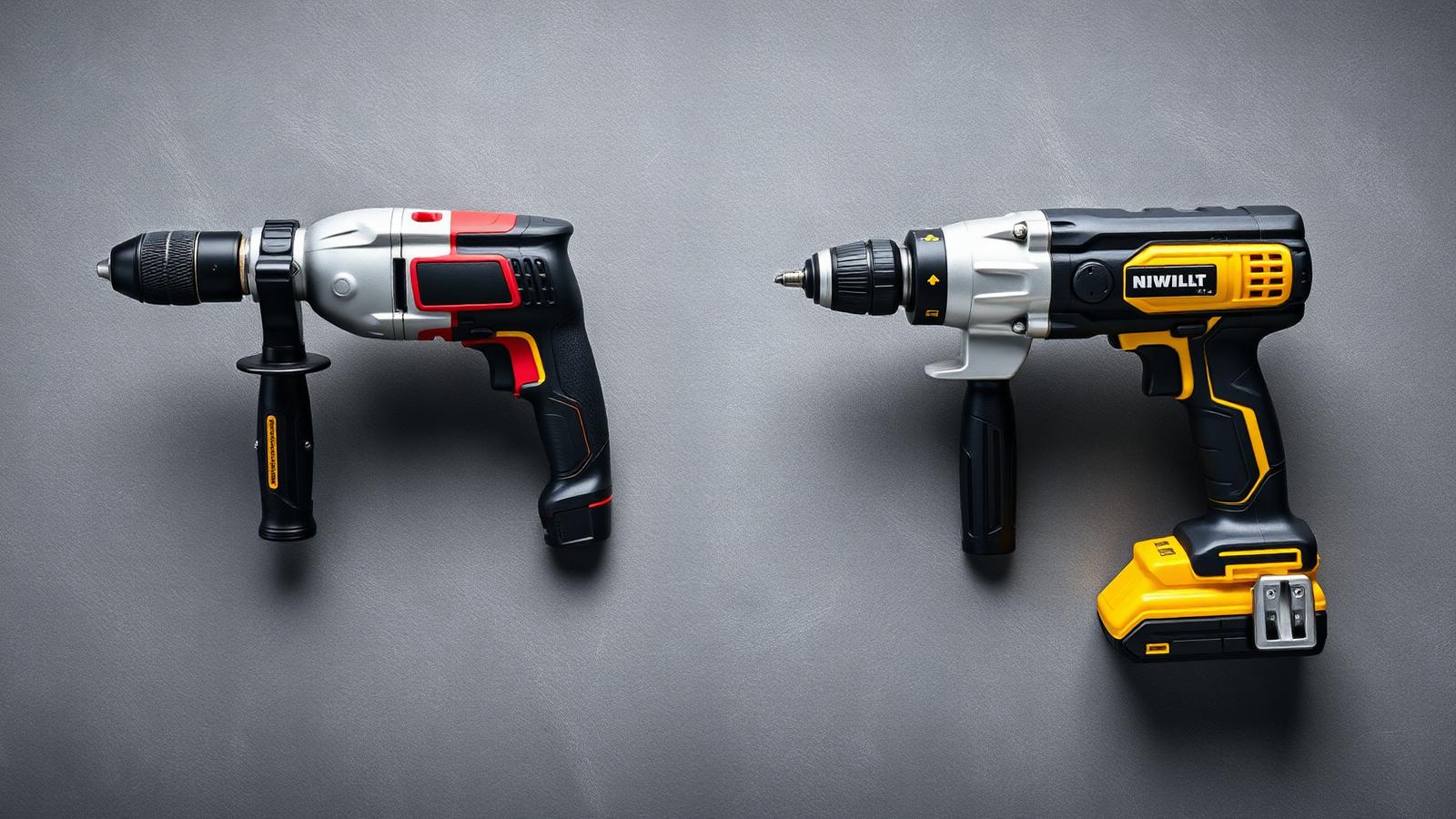 A hammer drill and an impact driver side by side on a grey surface