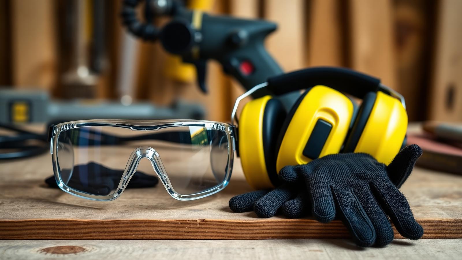 Safety goggles, ear defenders and work gloves on a wooden workshop table