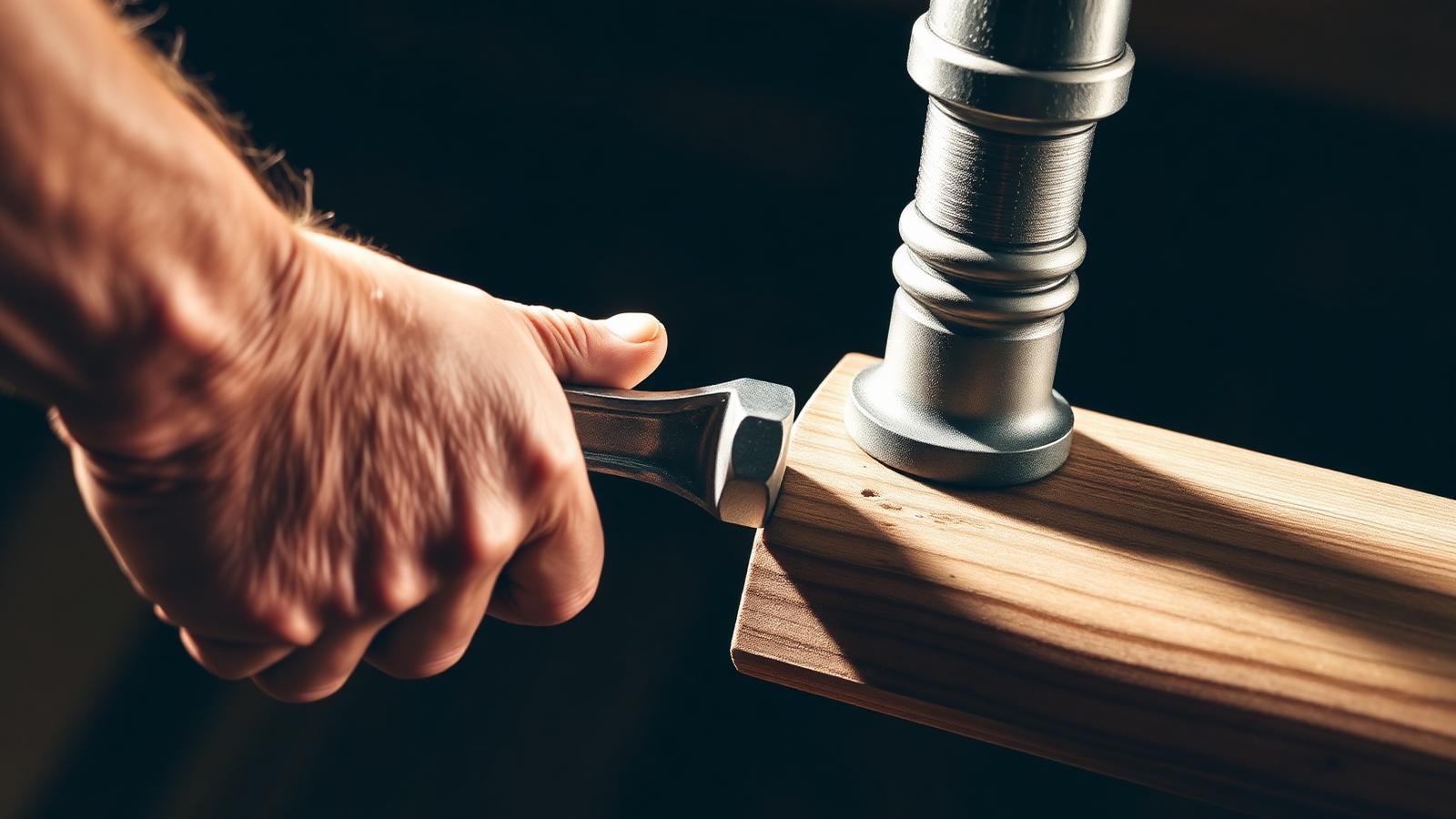 A hand using a torque wrench to tighten a large bolt on a wooden beam