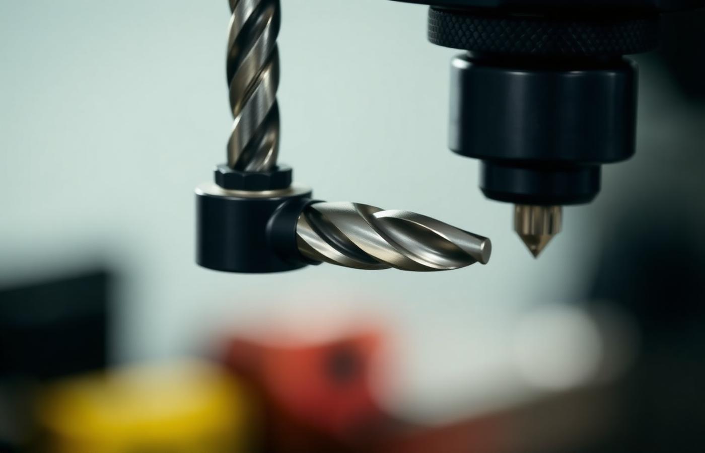 Close-up of a drill chuck gripping a metal drill bit