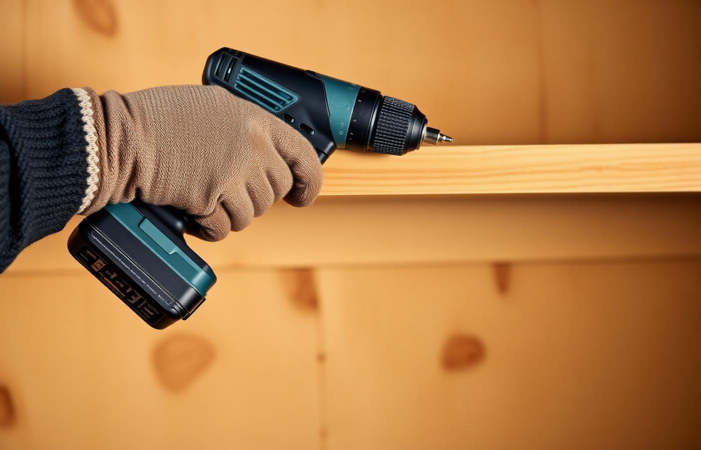 A person driving a screw into a shelf using a cordless drill