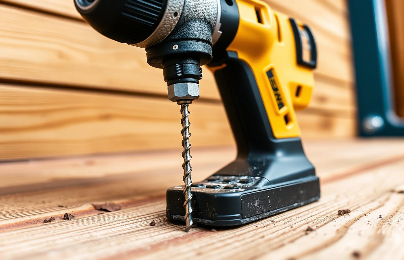 A cordless drill with a masonry bit against timber decking