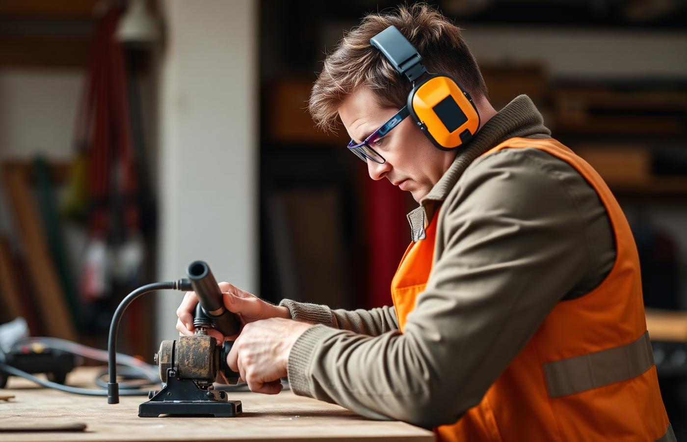 A person wearing safety glasses and ear defenders while using a power tool