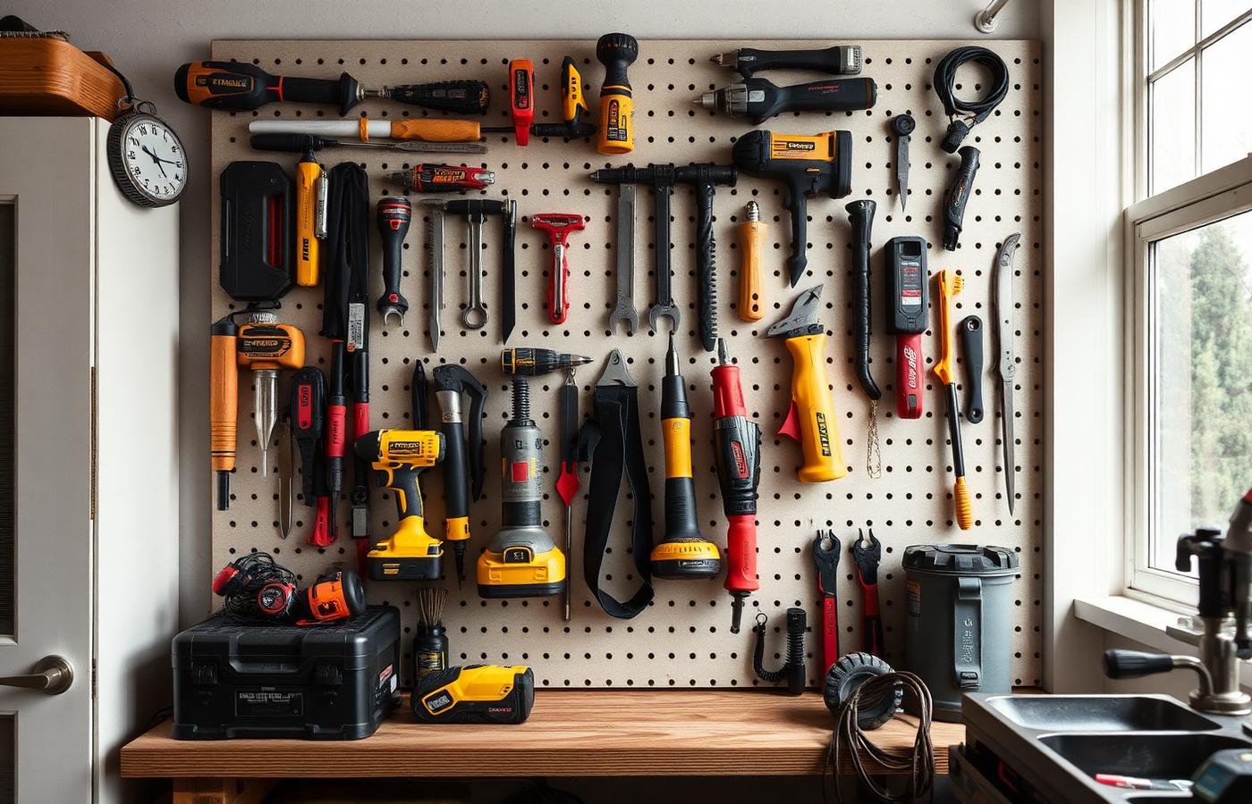 Power tools organised on a workshop pegboard